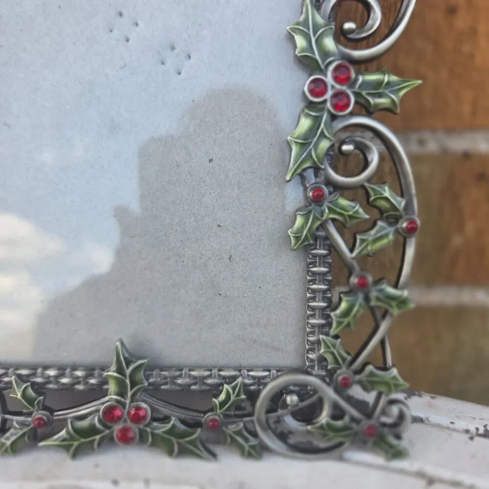 Ornate Metal Holly Berry 4x6 Picture Frame Christmas Red Rhinestone Decor